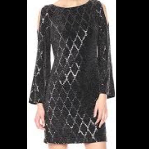 Jessica Howard Women's Black Sequin Diamond Pattern Cold Shoulder Dress sz 8 - Picture 7 of 8